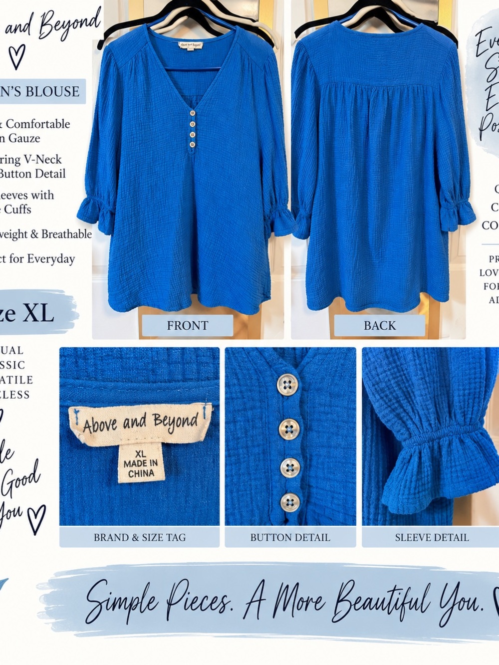 Above and Beyond Women's Royal Blue V-Neck Button Gauze Blouse